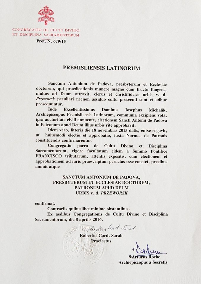 Dokument po łacinie potwierdzający ustanowienie patrona miasta Przeworsk