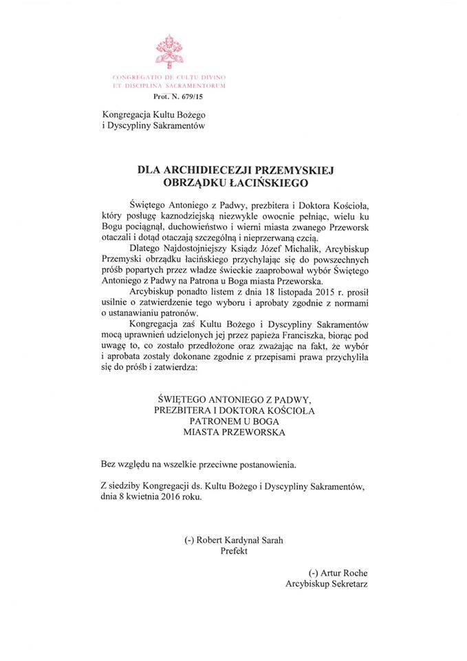 Dokument po polsku potwierdzający ustanowienie patrona miasta Przeworsk